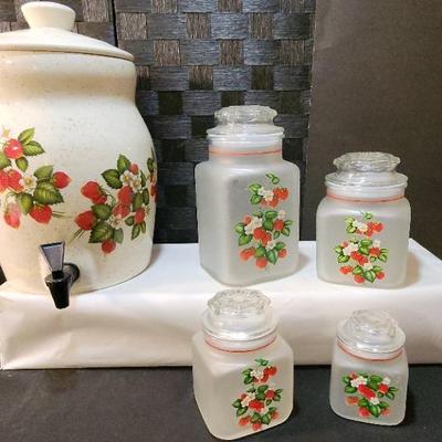 Strawberry Ceramic Drink Dispenser & Frosted Glass Canisters