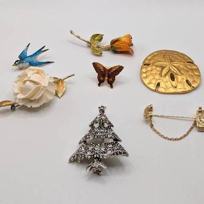 Brooches (Blue Bird, Roses, Butterfly, Phone, Sand Dollar + Christmas Tree)