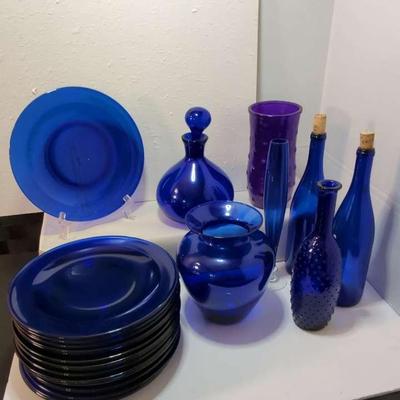 Cobalt Blue Plates (19) (3) Vases (2)Wine Bottles Decanter & Purple Vase 