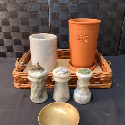 Selandia Designs Marble Canister, Marble S+P Shakers, Terracotta Wine Cooler, Brass Trinket Bowl 