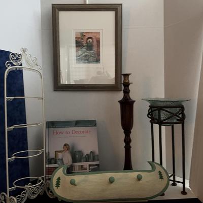 Eclectic Decor Lot With A Vintage Turned Wood/Brass Candlestick Holder & More