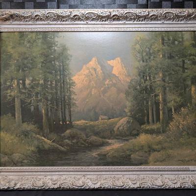 Robert Wood Mountain Scene Print (42"x30") in Distressed White Ornate Frame