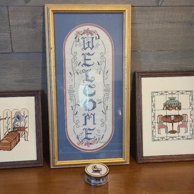Vintage Crosstitch "Welcome" Sign, Music Box, Nostalgic Scenes