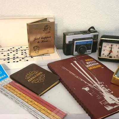 Vintage Items- Camera, Dominoes, Clock, Card Games, Etc