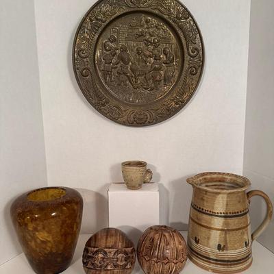  Vintage Peerage (?) Hammered Brass Wall Plate, Ceramic Pitcher, Decorative Wooden Spheres 