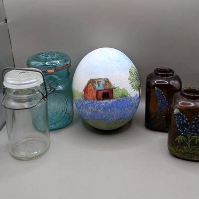 Painted Ostrich Egg, Vintage Ball Glasses & Vintage Medicine Bottles