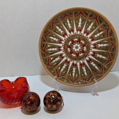 Handmade Enameled Terracotta Plate, 2 Lillian Vernon wood ball ornaments & Glass Ashtray