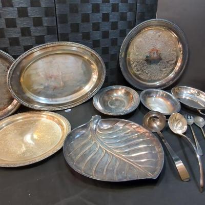 Silver Plated (3) Round Platters (4) Oval Dishes (1) Oval Platter (1) Leaf Platter Various Serving 