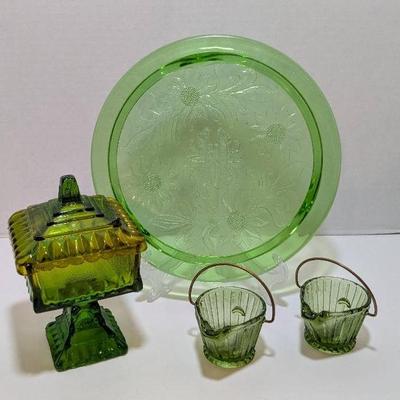Jeanette Glass Wedding Box, Hazel Atlas green glass coal bucket ashtray, Uranium Cake Plate