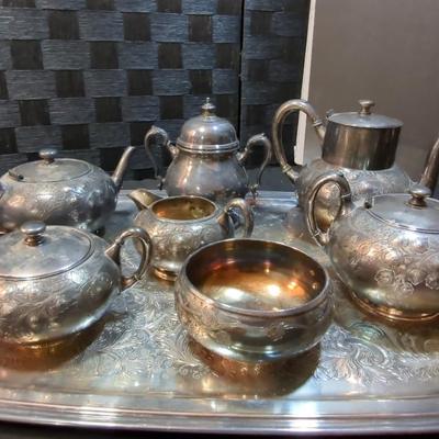 Large/Heavy Silver Plated Tray W/ (3)Tea Pots (2) Sugar (1,) Creamer (1)Bowl 