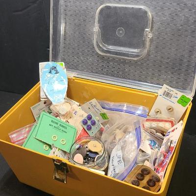 Yellow Plastic Sewing Box Full of Buttons