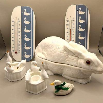 Milk Glass Rabbit (Lid Off Center), Duck Candle Holders, and Duck Thermometers 
