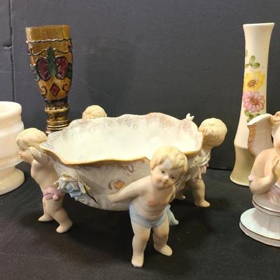 Vintage Japanese Bisque Angel Items, Milk Glass Planter, Oil Lamp, Vase