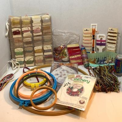 7 Embroidery Hoops Of Different Sizes, Book Of Floss, Floss Samples & DMC Floss