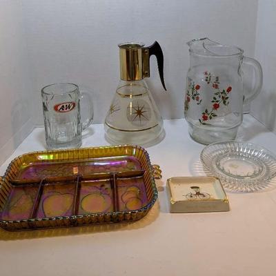 Carnival Glass Tray, Floral Print Pitcher, Ashtrays & Fred Press MCM Pitcher 