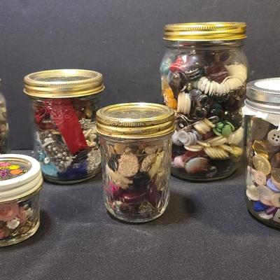 6 Jars Of Vintage Buttons - Largest Is 7" Tall