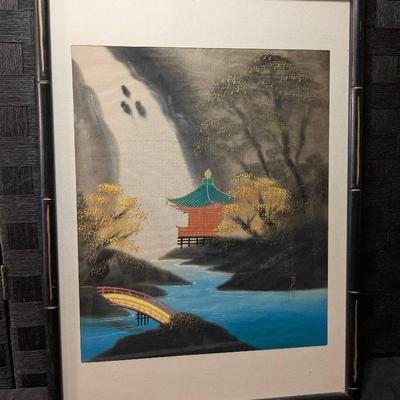 Original painting on silk, Asian Pagoda Bridge (16.5"x22")