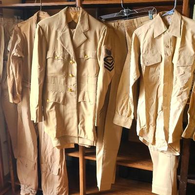 WWII/Korean War Marine Corps Khaki Uniform Pieces - Officer's Jacket, Jumpsuit, 3 Pants, Button-down