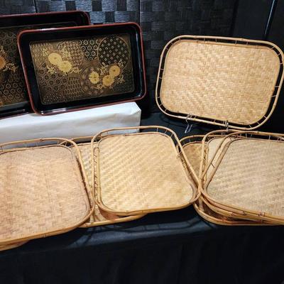 Japanese Lacquer Ware Serving Trays (2) & Bamboo Woven Lap Trays(8)