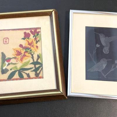Etched Glass Hummingbird "Print" & Hummingbird Framed Embroidery 