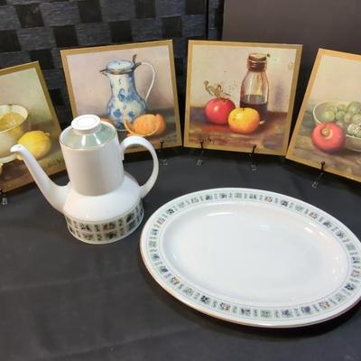 English Translucent China Tapestry Tea Pot And 13" Platter W/ 4 still life painting by Dutch artist