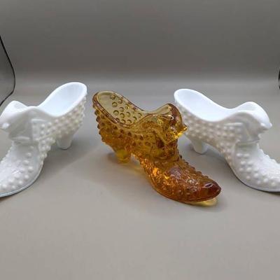 Fenton Amber Glass Shoe Figurine + Fenton Hobnail Milk Glass Shoe Figurines 