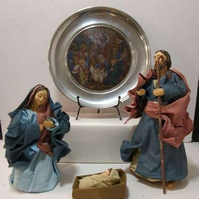 Fabric Mache Holy Family Figures and Pewter/Stained Glass Christmas Plate  