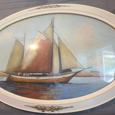 Vintage/Antique Painting Of Sailing Ship On Canvas, In Oval Bubble Glass Frame