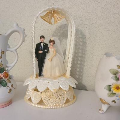 Wedding Cake Topper and 2 Bisque Floral Pieces (1 Lefton) -- 