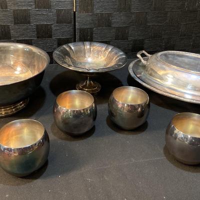 4 Towle Silver plated cups, Gotham Bowl, Oneida Silversmiths Bowl & Unmarked Lidded Tray