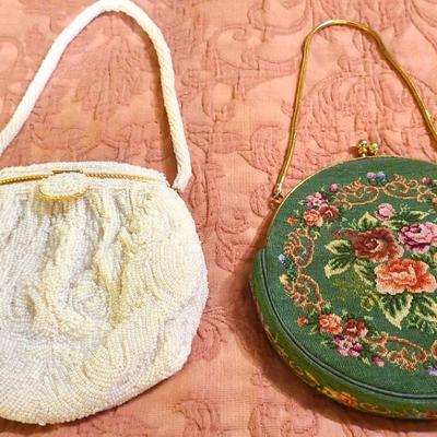Two Vintage Handbags, Both Like New -- White Beaded And Floral Green