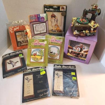 1970’s & 80's Counted Cross Stitch Kits (Sealed) & Musical Mice Sewing Machine