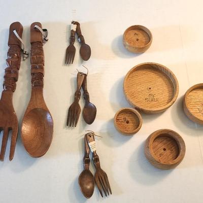 1 Set Large 14" Carved Wooden Spoon And Fork, 3 Small Sets, And 5 Wooden Idealid Pieces