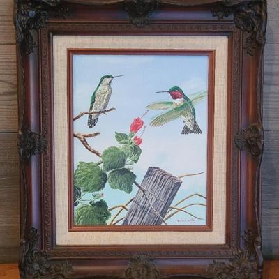Original Hummingbird Painting On Art Board With Ornate Wood Frame