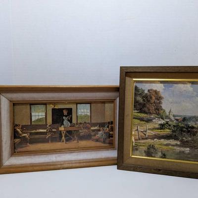 2 Framed Prints - The Country School 1871 Print by Winslow Homer + Bernard Green Landscape 