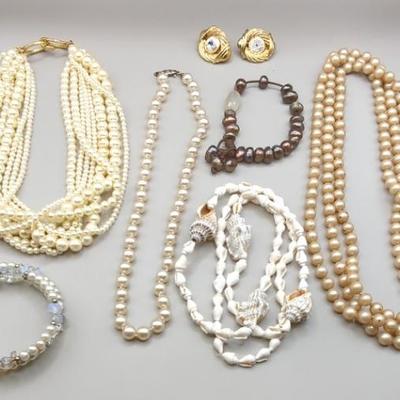 Faux Pearl Necklaces, Clip On Earrings + Freshwater Pearl Bracelet 