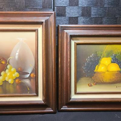 Two Mid-century Fruit Still Life Paintings In Hardwood Frames
