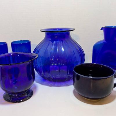 Blenko Water Jug, Dimpled Blenko Tumblers, Cobalt Blue Vases + Large Ceramic Mug