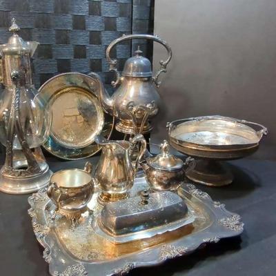 Silver Plated Tilting Coffee Carafe with Stand, 2 Platters, Butter Dish and Sugar/Creamer Set 
