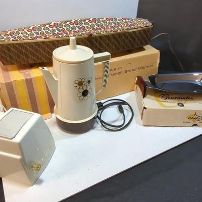 Vintage Kitchen Goods- Oster Snowflake Regal Coffee, French Bread Warmer Gourmates Chrome Holloware