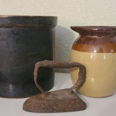 Antique Salt Glaze Crock, Iron, And Brown Pitcher