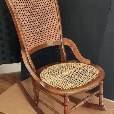 Antique Wooden Rocker with Straw Woven Seat & Cane Back