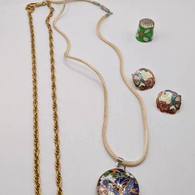 Enameled Butterfly Earrings + Necklace, Thimble & Gold Toned Chain