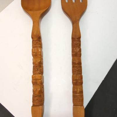Large Wooden Carved Spoon & Fork 28"
