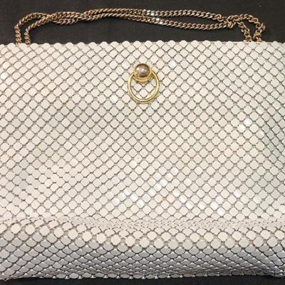 White Metal Mesh Purse With Gold Chain, made in Hong Kong
