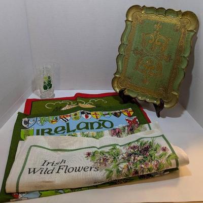 Linen Dish Towels Made In Ireland, Painted Tray + Decorative Glass Cup