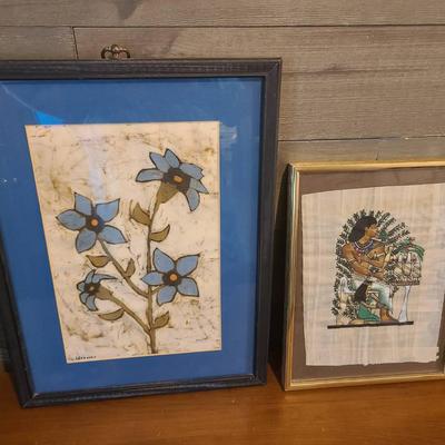 Blue Floral Batik And Hand-painted Egyptian Papyrus, Both Framed