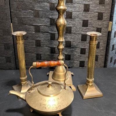 Brass Candlesticks + Brass Kettle 