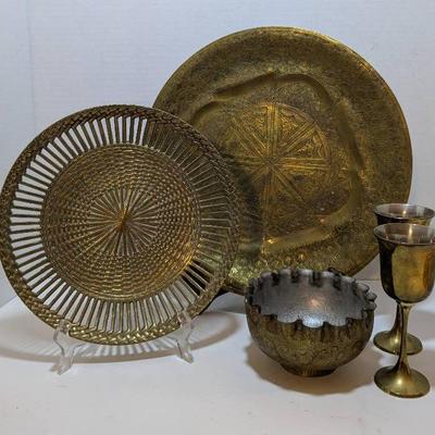 Heavy Brass Trays, Brass Goblets + Decorative Bowl