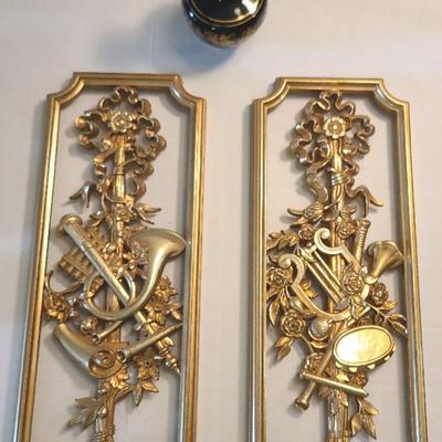 14" Syroco Gold Instrumental Wall Panels (1964) And Deep Blue/Gold Greek Vase